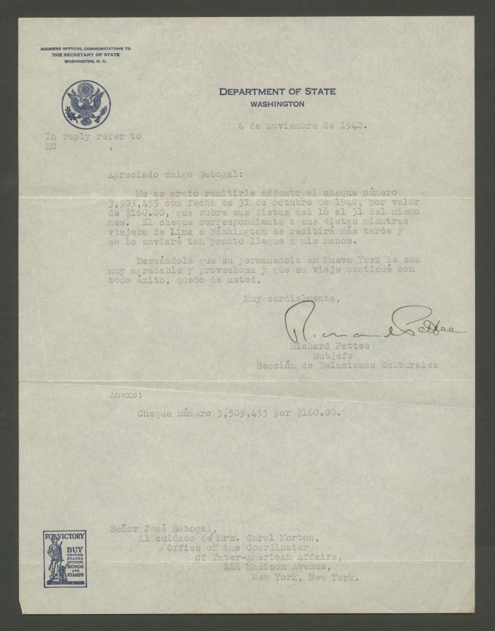 Carta del Departamento de Estado de los Estados Unidos a José Sabogal