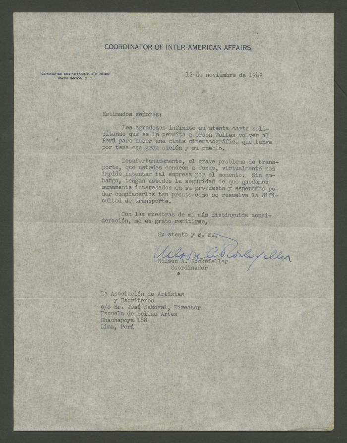 Carta de Nelson A. Rockefeller al director José Sabogal