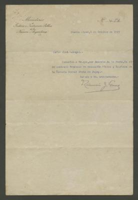 Carta del Ministerio de Justicia e Instrucción Pública de Argentina a José Sabogal