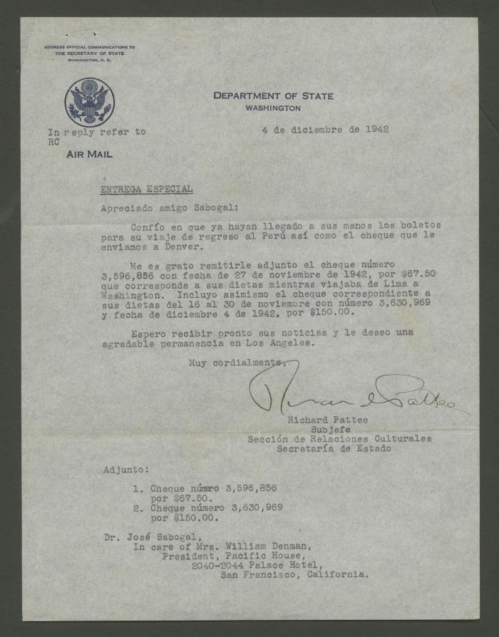 Carta del Departamento de Estado de los Estados Unidos a José Sabogal