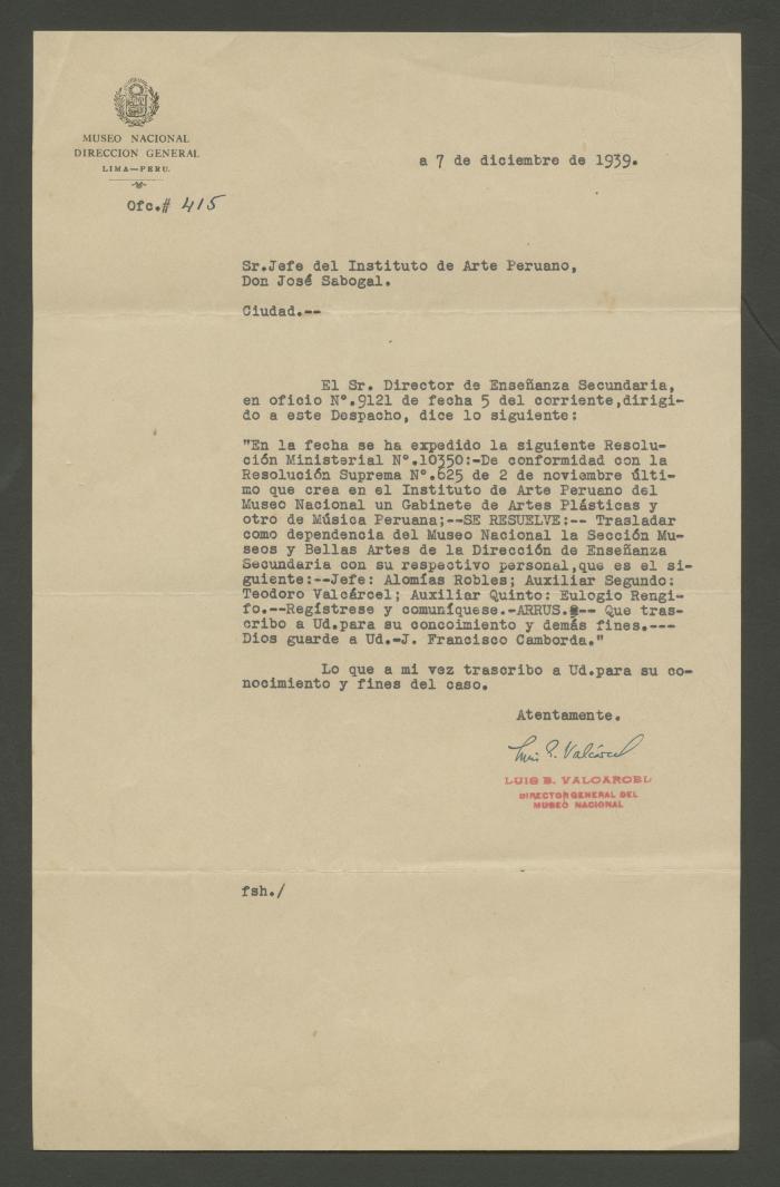 Oficio de Luis E. Valcárcel al Instituto de Arte Peruano sobre la creación de gabinetes de artes plásticas y música peruana