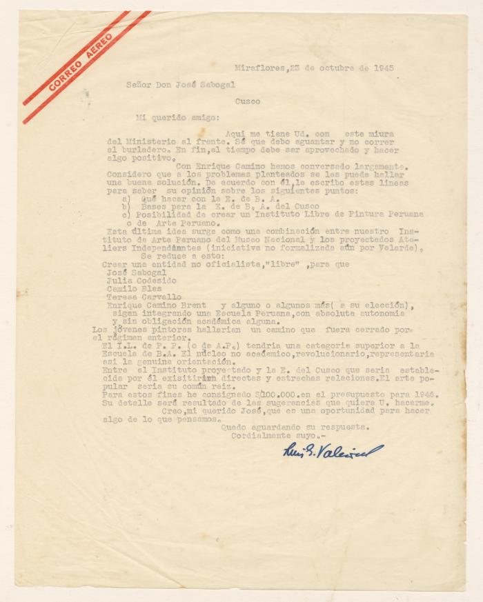 Carta de Luis Valcarcel a J. Sabogal