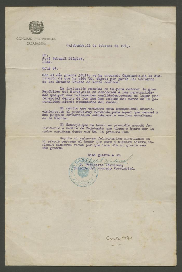 Carta del Concejo Provincial de Cajabamba a José Sabogal