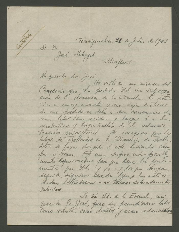 Carta de Arturo Jiménez Borja a José Sabogal