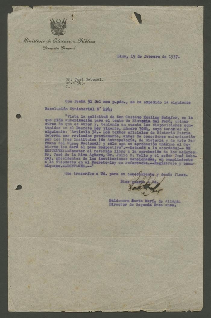 Oficio del Ministerio de Educación Pública a José Sabogal