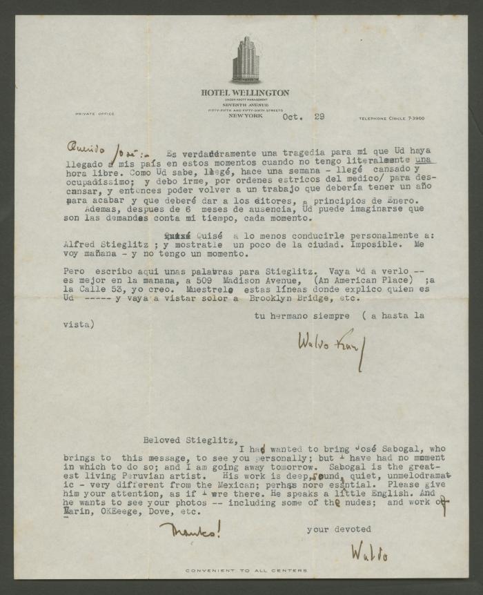 Carta de Waldo Frank a José Sabogal, con mensaje para Alfred Stieglitz