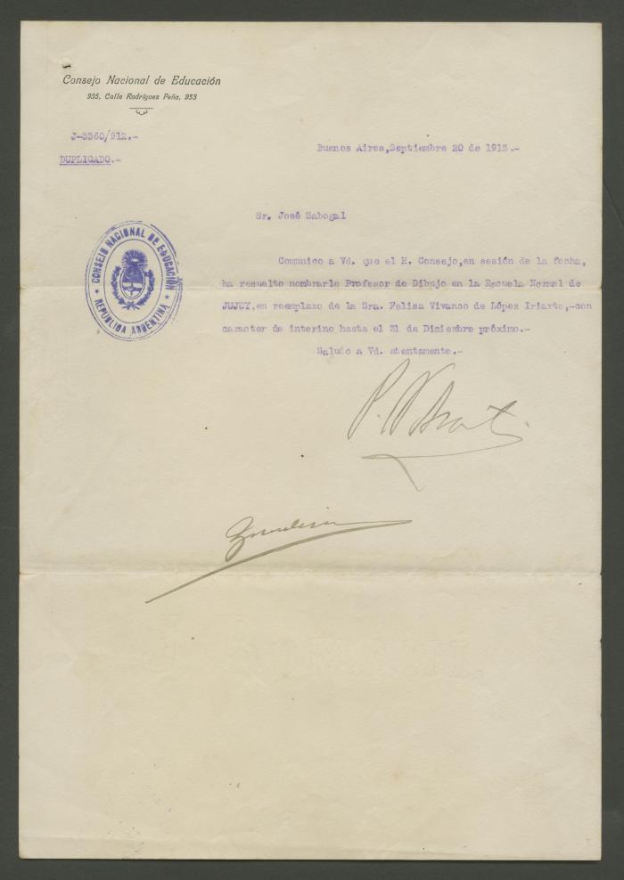 Carta del Consejo Nacional de Educación de Argentina a José Sabogal 