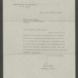 Carta de Adalberto Tejeda, Embajador de México en el Perú, a José Sabogal