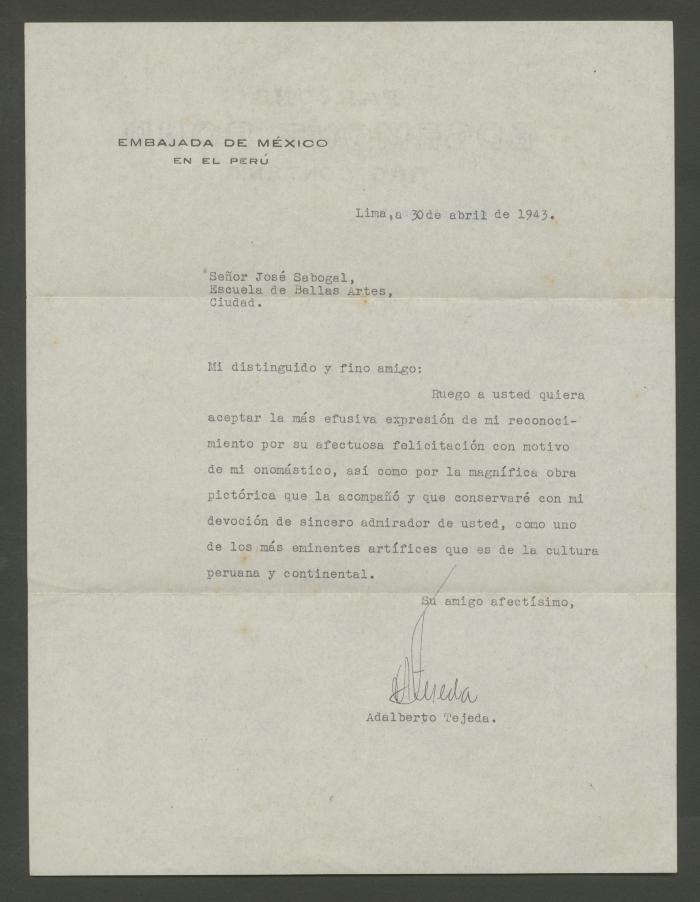 Carta de Adalberto Tejeda, Embajador de México en el Perú, a José Sabogal