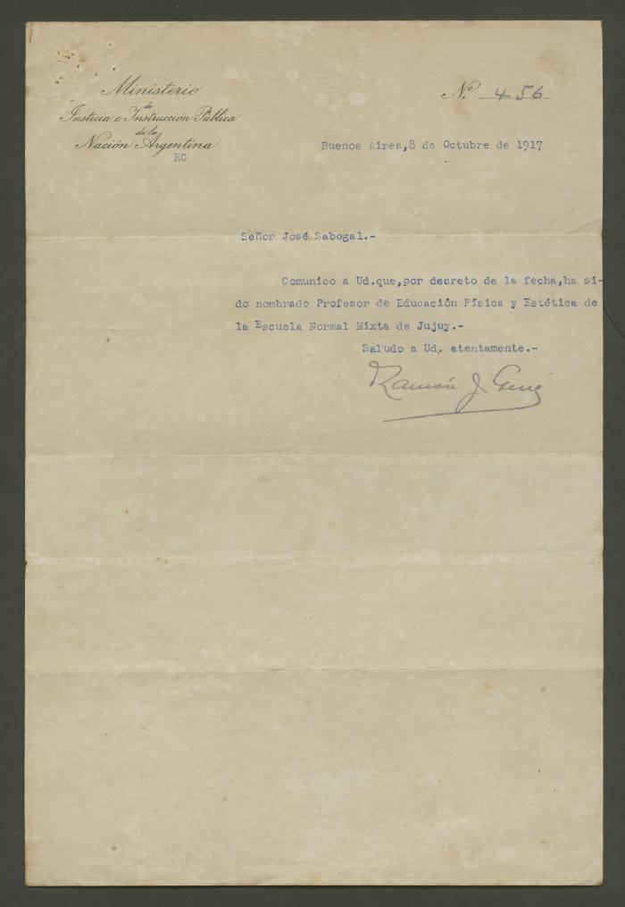 Carta del Ministerio de Justicia e Instrucción Pública de Argentina a José Sabogal