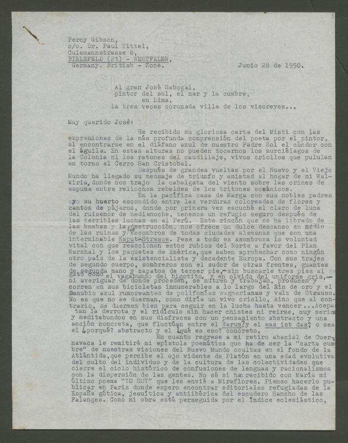 Carta de Percy Gibson a José Sabogal