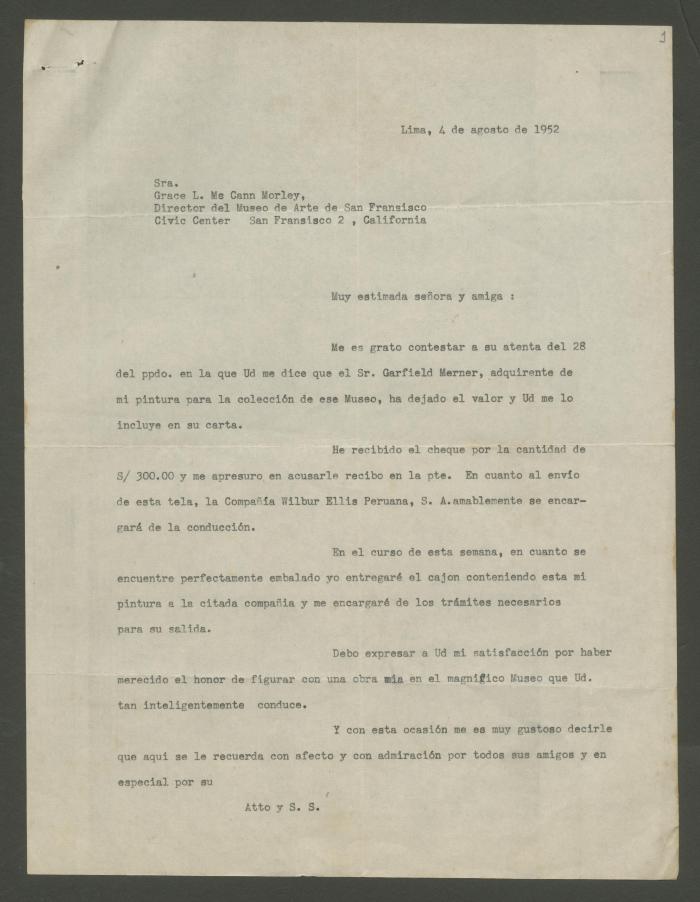Carta de José Sabogal a Grace L. McCann Morley