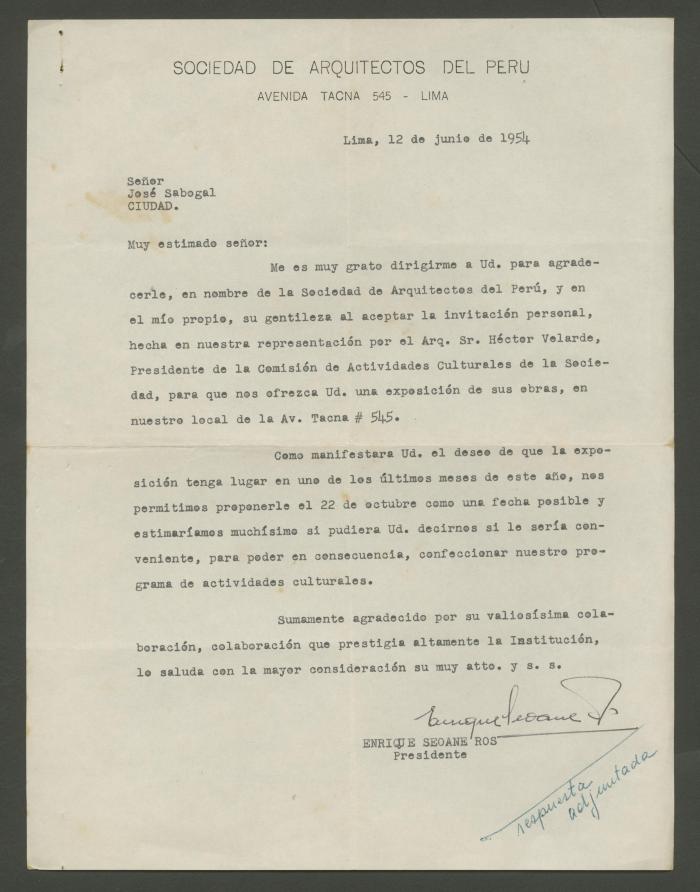 Carta del Presidente de la Sociedad de Arquitectos del Perú a J. Sabogal