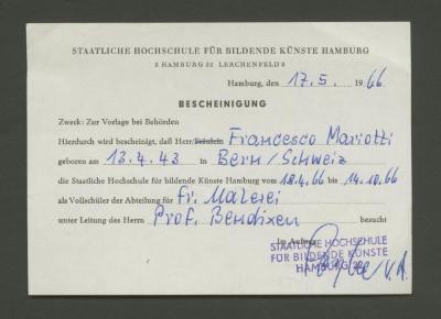 Certificado de estudios de la Staatliche Hochschule für Bildende Künste Hamburg