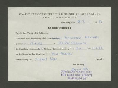 Certificado de estudios de la Staatliche Hochschule für Bildende Künste Hamburg