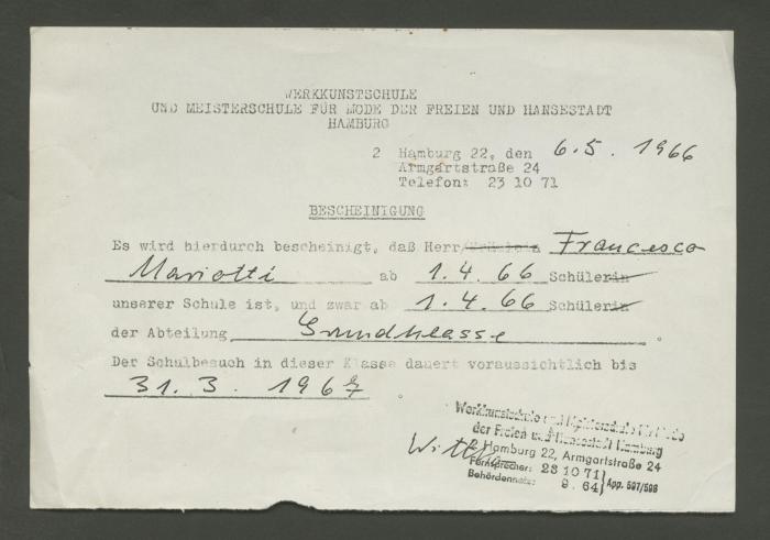 Certificado de matriculación de la Werkkunstschule und Meisterschule für Mode der Freien und Hansestadt Hamburg