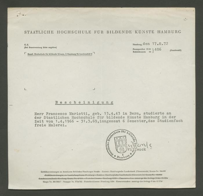 "Certificado de estudios de la Staatliche Hochschule für Bildende Künste Hamburg
(con versión oficial traducida al español)"