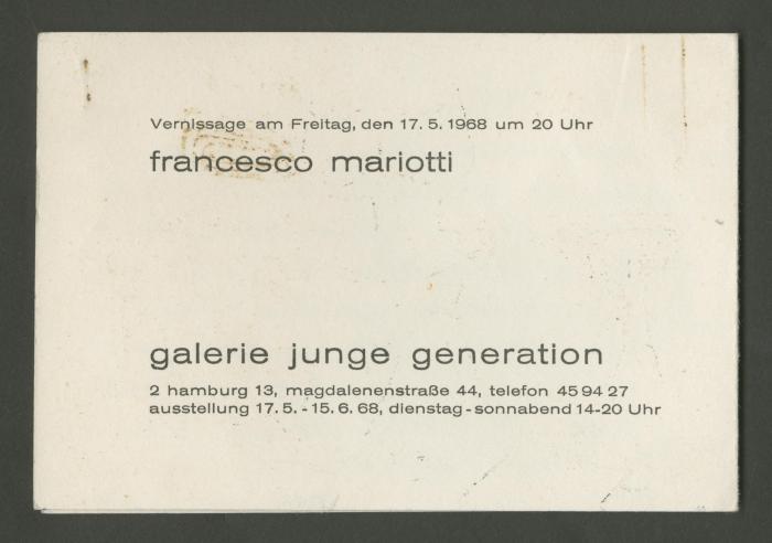 Exposición Francesco Mariotti: Objekte und Grafik en la Galerie Junge Generation, Hamburgo