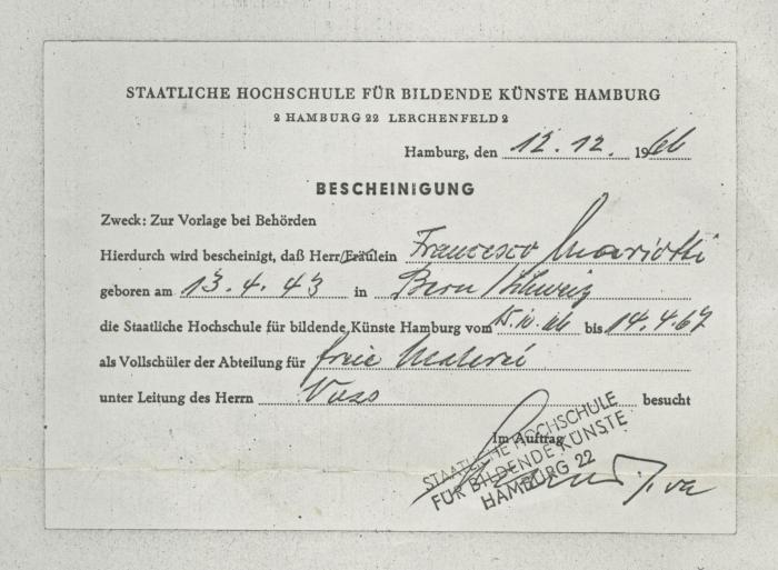 Certificado de estudios de la Staatliche Hochschule für Bildende Künste Hamburg