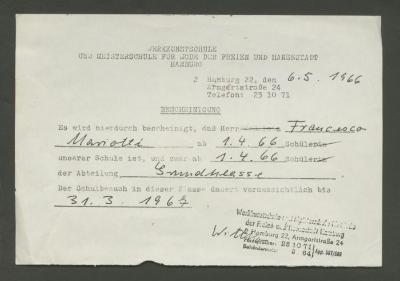 Certificado de matriculación de la Werkkunstschule und Meisterschule für Mode der Freien und Hansestadt Hamburg