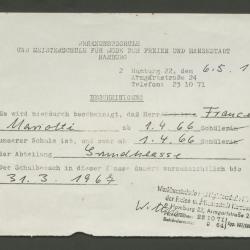 Certificado de matriculación de la Werkkunstschule und Meisterschule für Mode der Freien und Hansestadt Hamburg