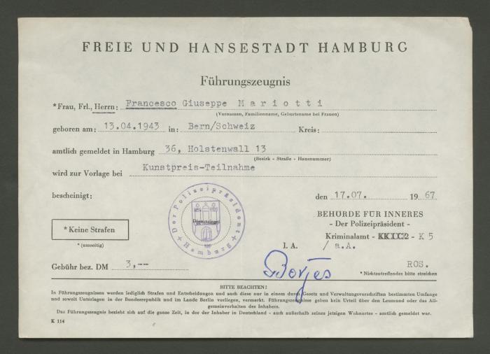 Certificado de antecedentes (Führungszeugnis) de la Freie und Hansestadt Hamburg