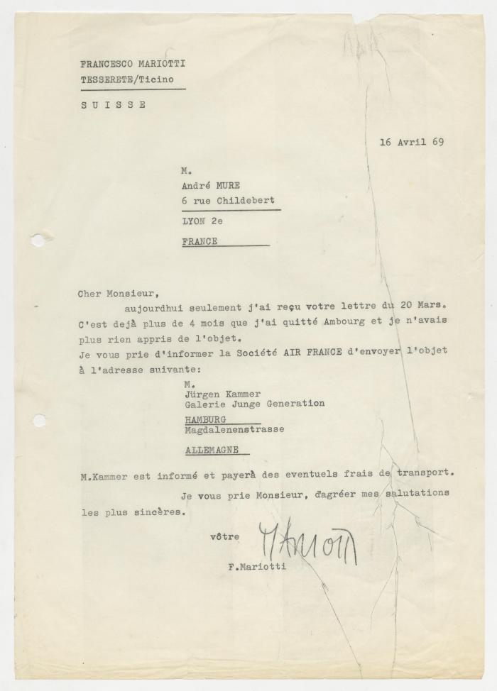 Carta de Francesco Mariotti a André Maure