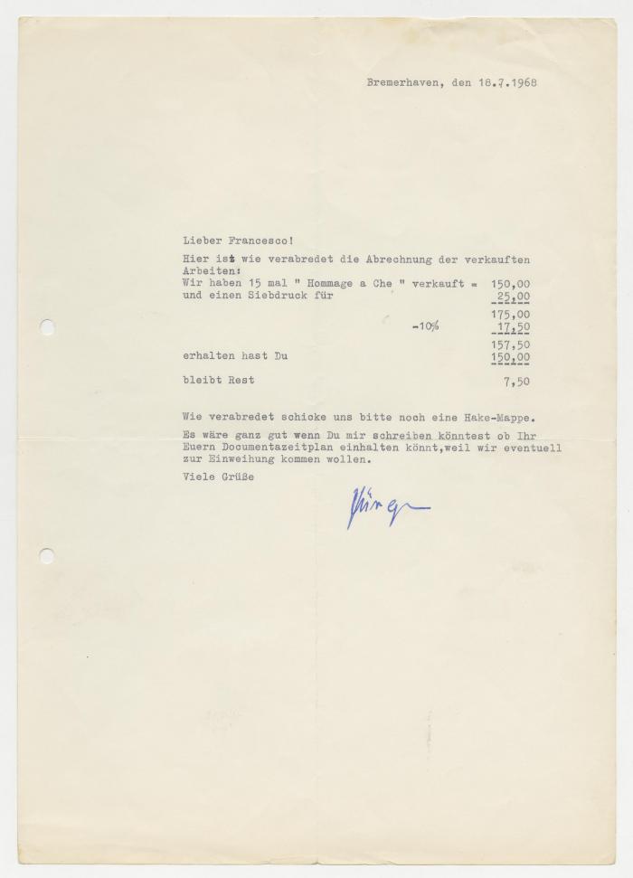 Carta de liquidación de venta de obras a Francesco