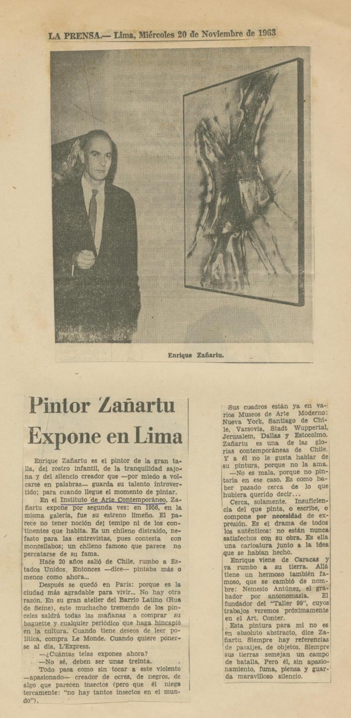 "Pintor Zañartu expone en Lima"