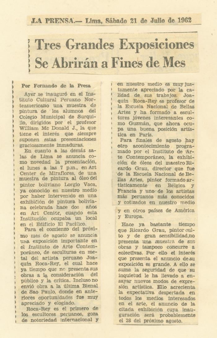 "Tres grandes exposiciones se abrirán a fines de mes"