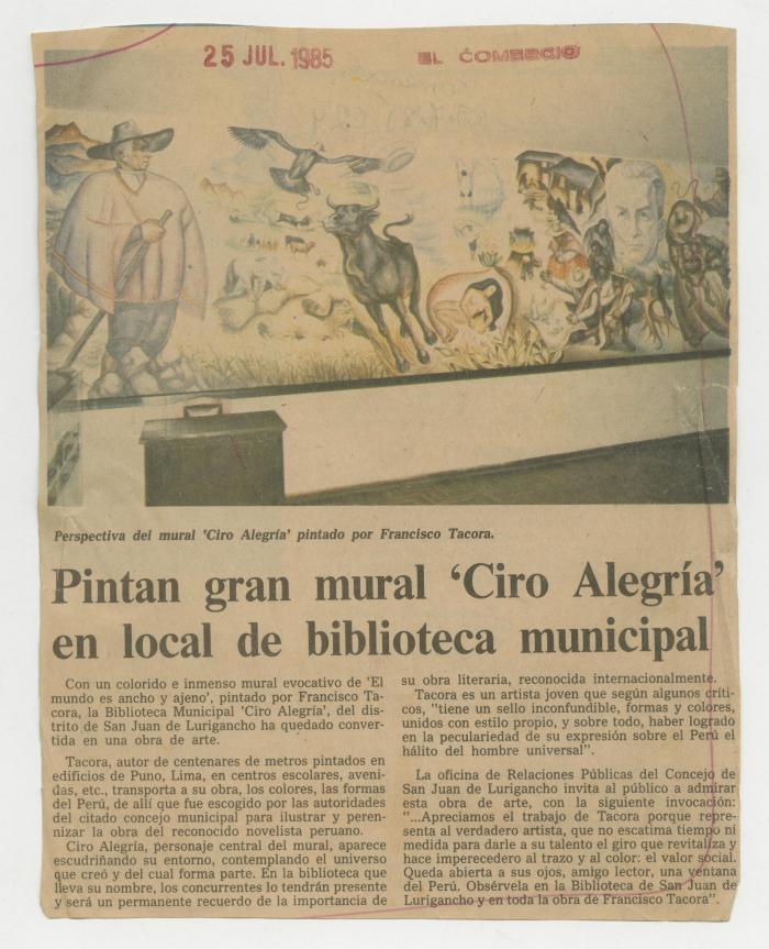 "Pintan gran mural "Ciro Alegría" en local de biblioteca municipal"