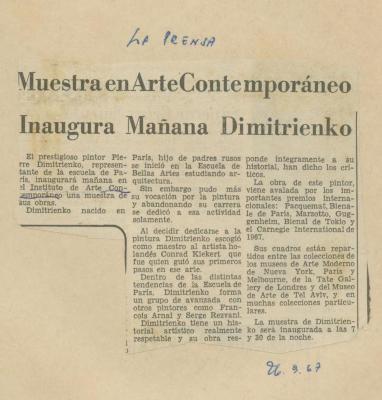 "Muestra en Arte Contemporáneo inaugura mañana Dimitrienko"