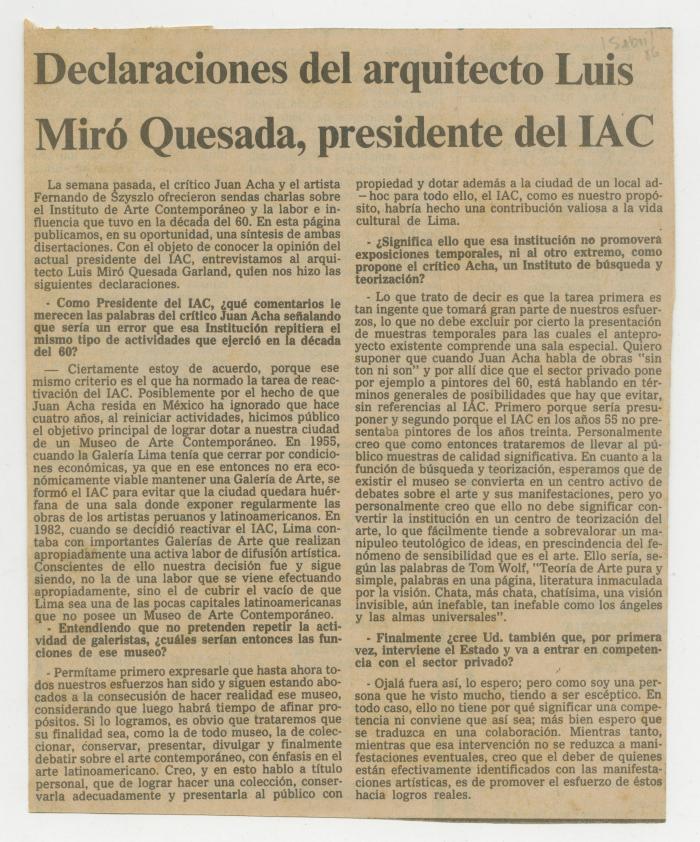 "Declaraciones del arquitecto Luis Miró Quesada, presidente del IAC"