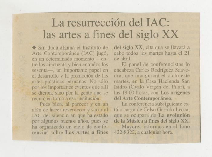 "La resureción del IAC: las artes a fines del siglo XX"