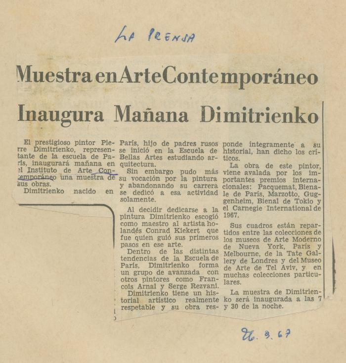 "Muestra en Arte Contemporáneo inaugura mañana Dimitrienko"
