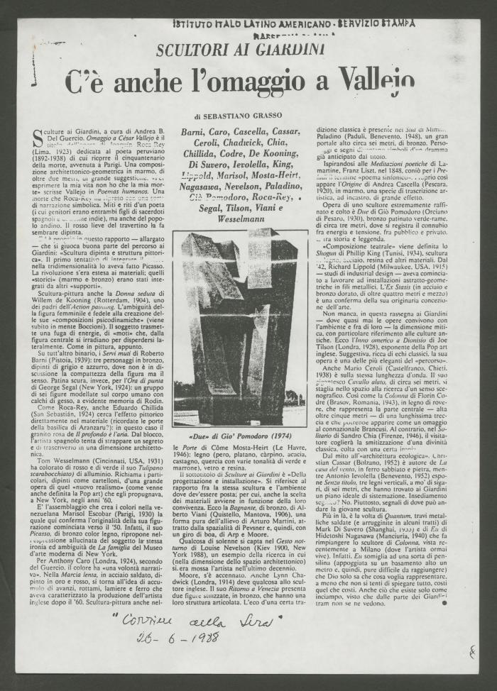 "Scultori ai Giardini: C'e anche l'omaggio a Vallejo"