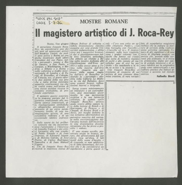 "Il magistero artistico di J. Roca-Rey"