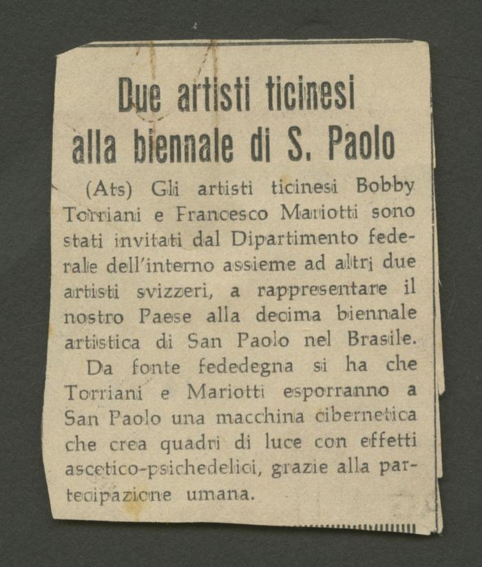 Due artisti ticinesi alla biennale di S. Paolo