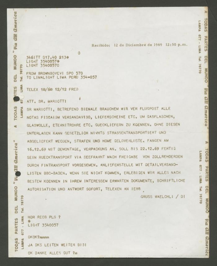 Carta de la empresa  Brown, Bovery & Company a Francesco Mariotti