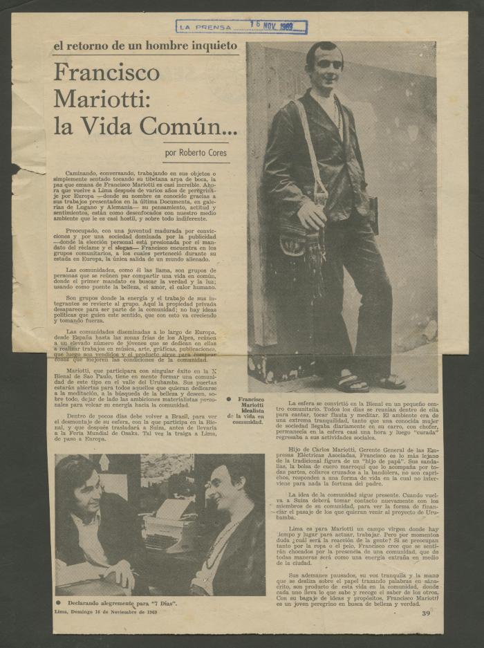 El retorno de un hombre inquieto. Francesco Mariotti: la Vida Común...