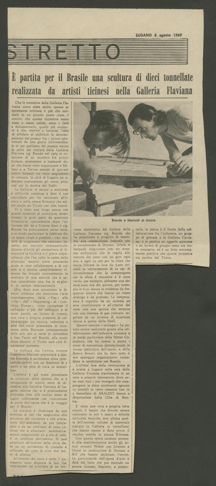 È partita per il Brasile una scultura di dieci tonnellate realizata da artisti ticinesi nella Galleria Flaviana