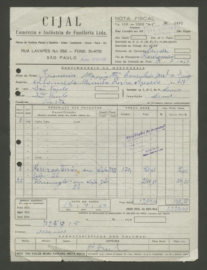 Factura CIJAL Comércio e Indústria de Funilaria Ltda.