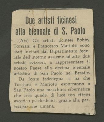 Due artisti ticinesi alla biennale di S. Paolo