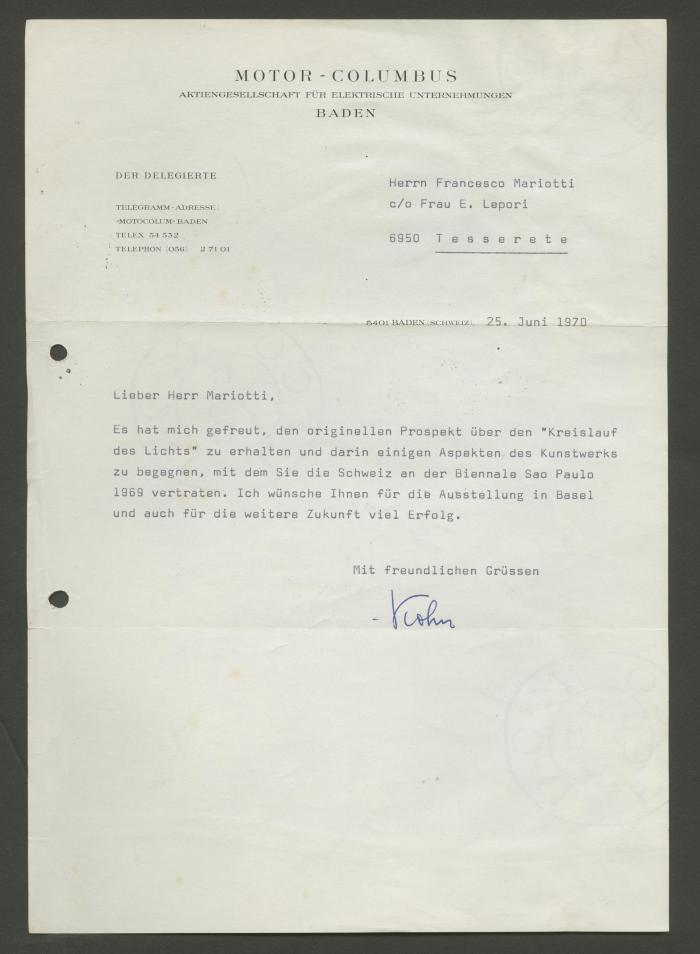 Carta del Sr Kohna Francesco Mariotti