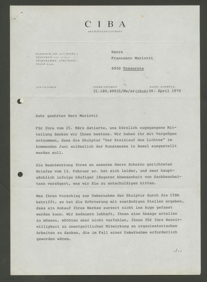 Carta de CIBA a Francesco Mariotti