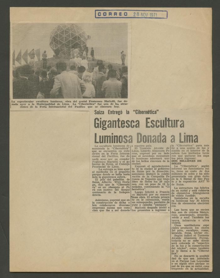 “Gigantesca Escultura Luminosa Donada a Lima”