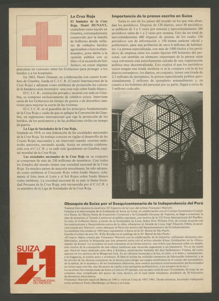 “Obsequio de Suiza por el Sesquicentenario de la Independencia del Perú”