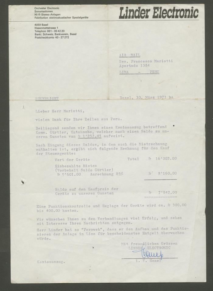 Carta de Linder Electrónic, V. Hanel, a Francesco Mariotti