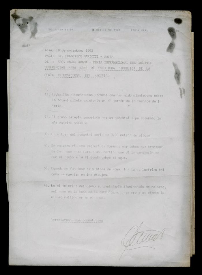 Fax de Óscar Arana a Francesco Mariotti