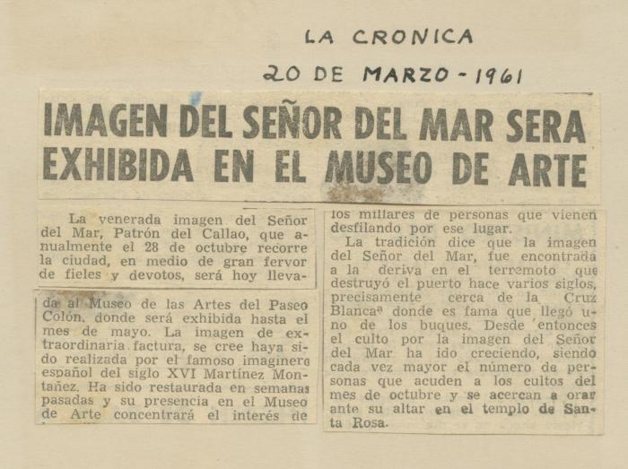 "Imagen del Señor del Mar será exhibida en el Museo de Arte"